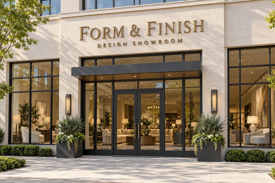 High Point Business Signs — bronze FORM & FINISH lettering above a limestone and glass design showroom entrance
